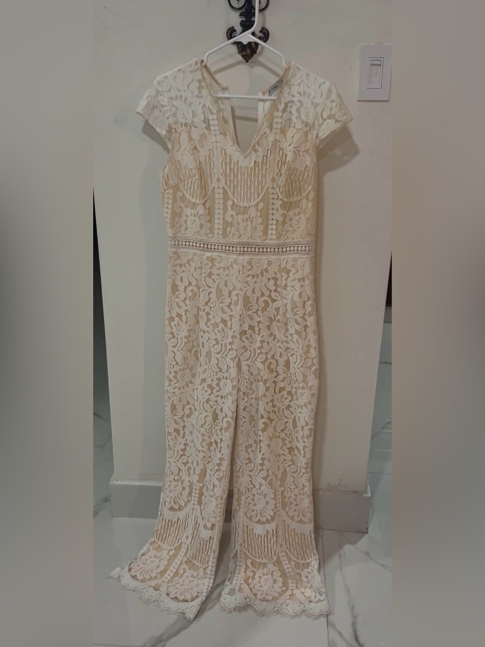Cream Liner with White Lace Wide-Leg Jumpsuit with Cap Sleeves